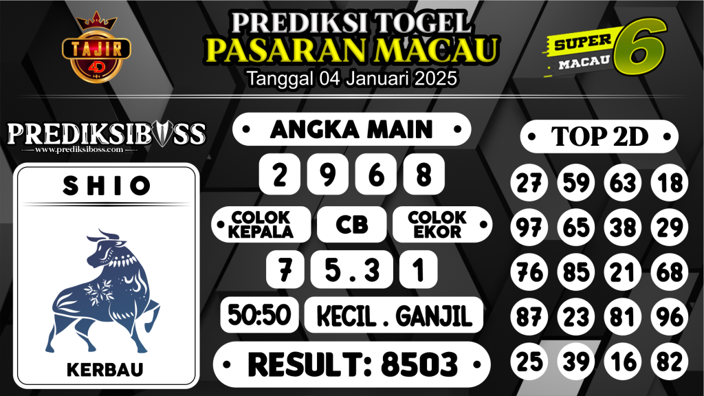 https://prediksibosstwo.com/prediksi-boss-togel-macau-sabtu-04-januari-2025/